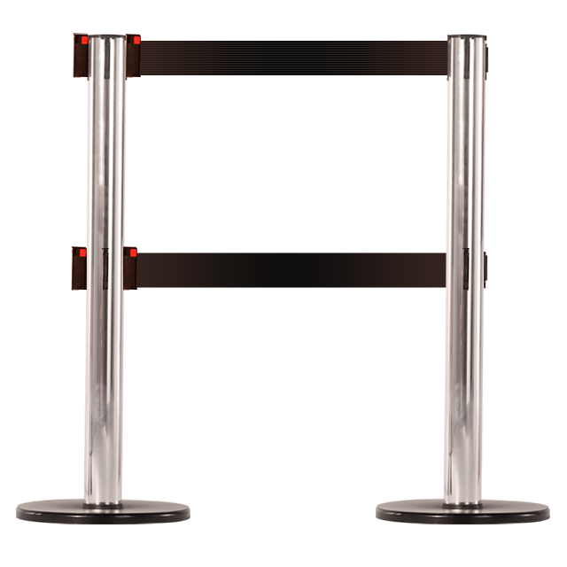 Pedestal em alumínio com acabamento cromado e 2 fitas retráteis.